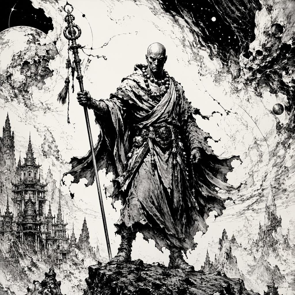 Anime fantasy city ruins with an astral wanderer monk, grim lighting, sharp focal detail, and painterly shadows