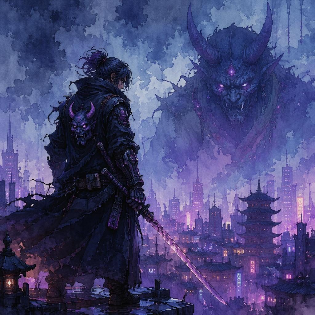 Melancholic pixel art of a cyberpunk demon hunter creature with a sword, atmospheric lighting, and a painterly fantasy watercolour backdrop.