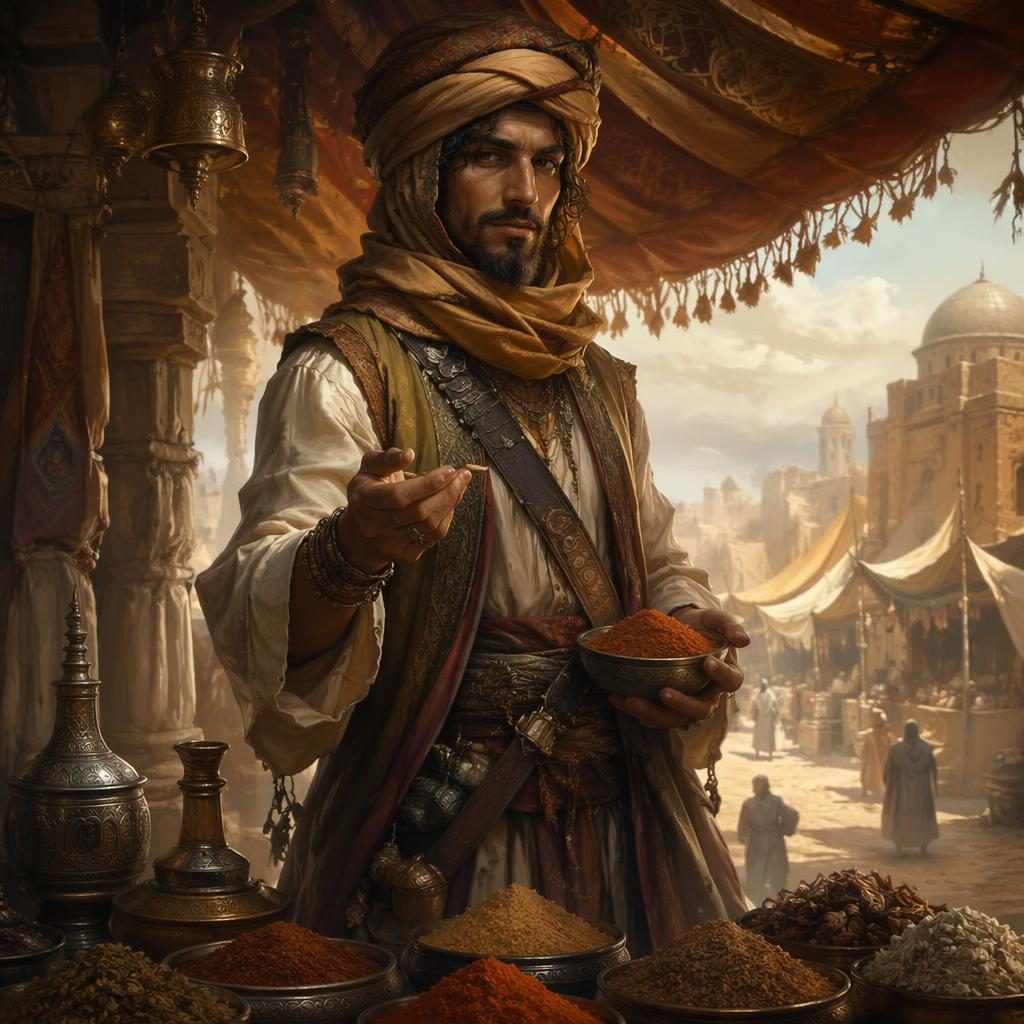 Semi-realistic portrait of a desert spice trader in medieval attire with atmospheric lighting and a painterly desert backdrop.