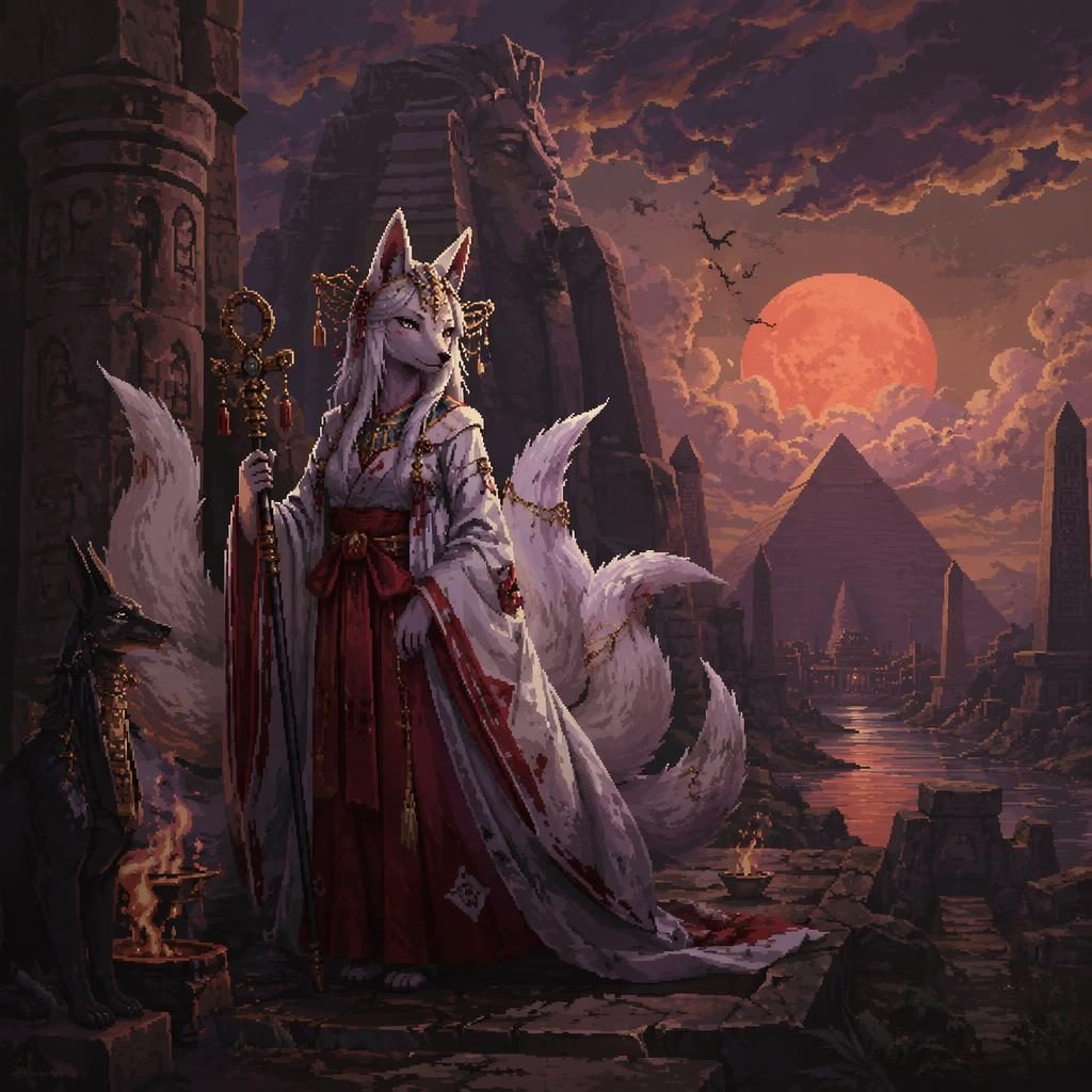 Pixel art of a melancholic kitsune shrine maiden in a kimono at a shrine, with atmospheric lighting and painterly city-fantasy background.