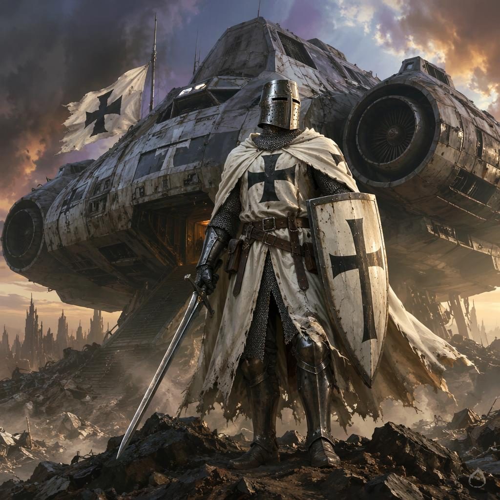 A human knight templar stands beside a post-apocalyptic spaceship in retro 1980s fantasy style with triumphant lighting.