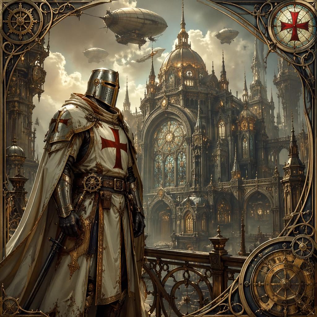 Mysterious steampunk templar tower with a human knight motif, art nouveau detailing, atmospheric lighting, and painterly backdrop.