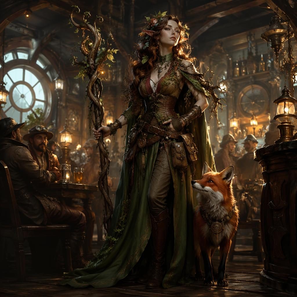 Steampunk wood nymph druid in a tavern interior, heroic pose, atmospheric light, painterly digital concept art.