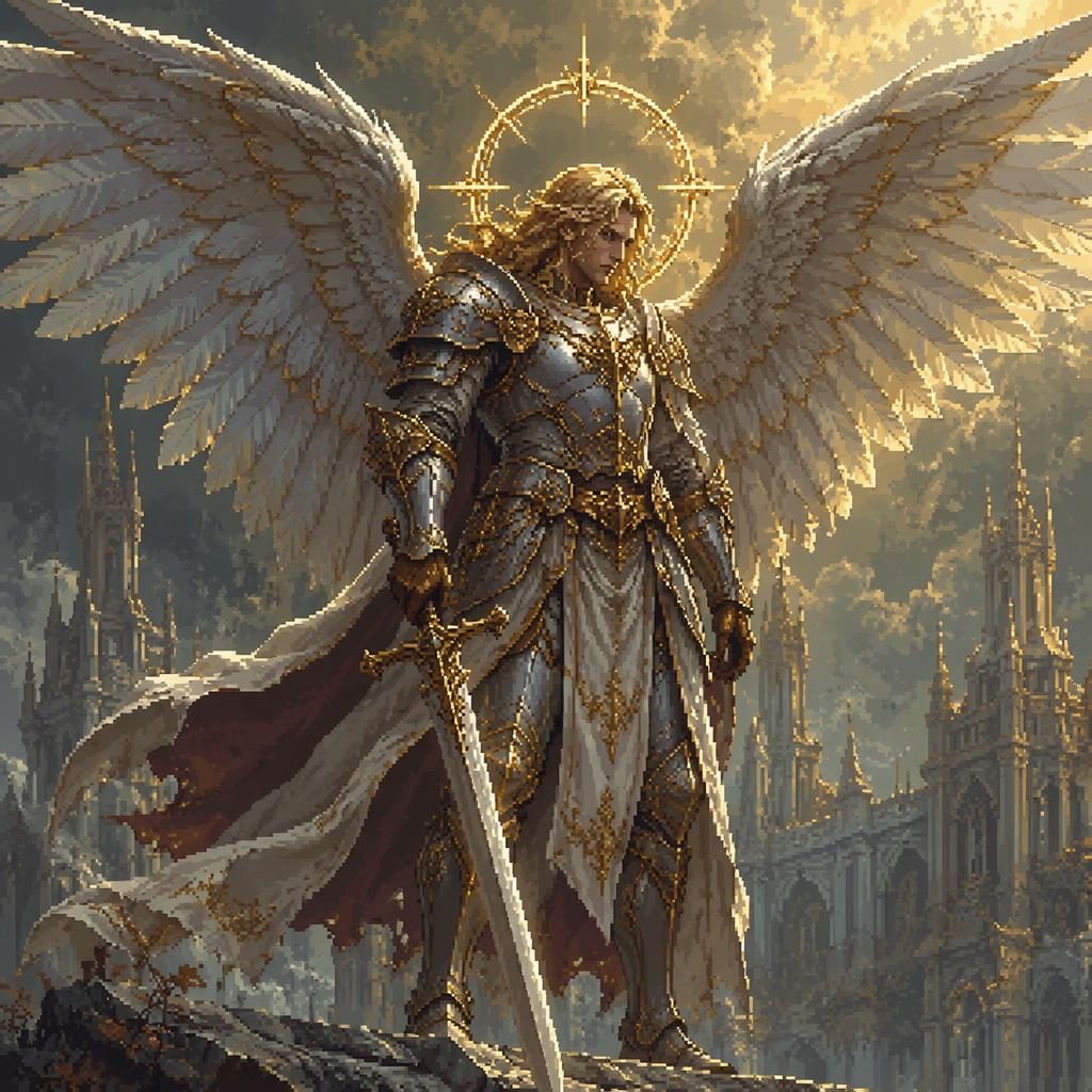 Melancholic pixel art of a celestial archangel warrior in medieval armor with atmospheric lighting and a painterly backdrop.