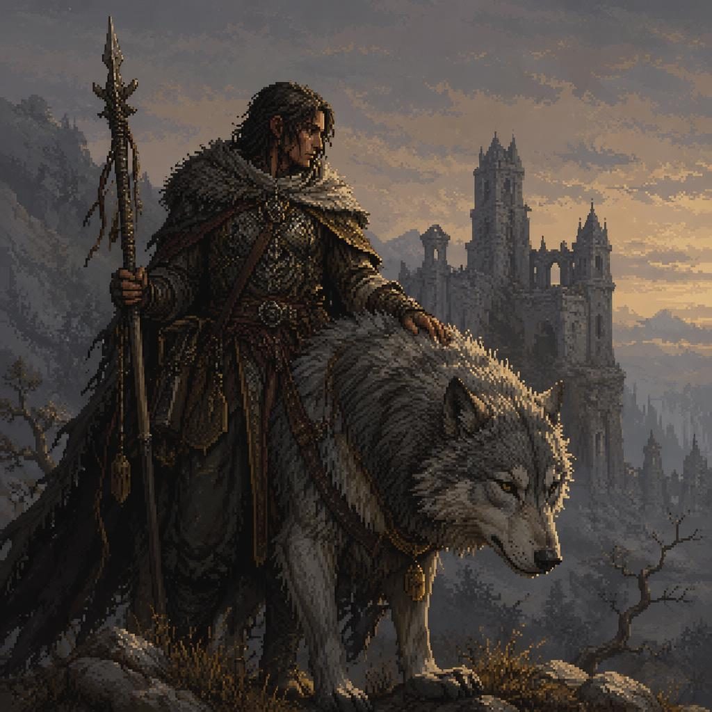 Melancholic pixel art of a realistic beastmaster wolf companion in medieval fantasy lighting with a painterly background.