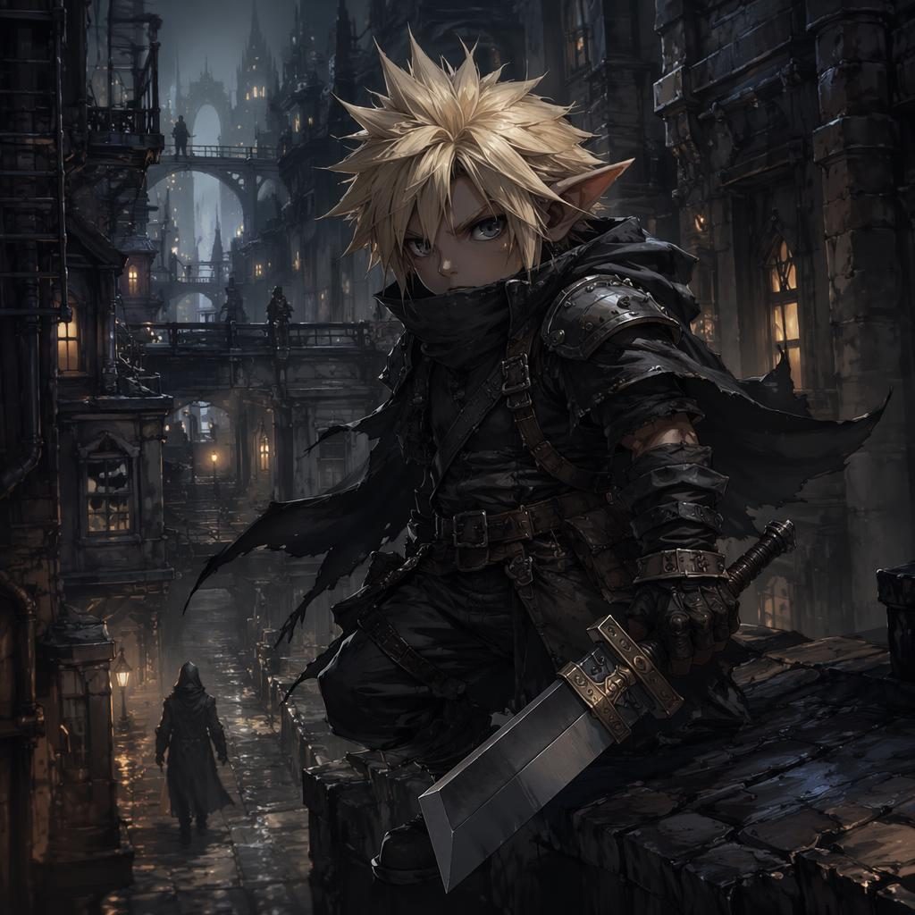Anime-style grim urban fantasy alley with a halfling rogue, atmospheric lighting, sharp focal detail and painterly city background.