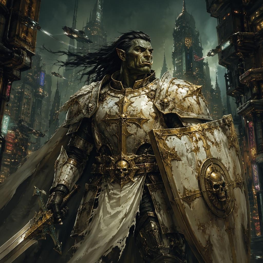 Fantasy concept art: half orc paladin. Genre: cyberpunk, subject type: location / environment. Art style: anime / manga 