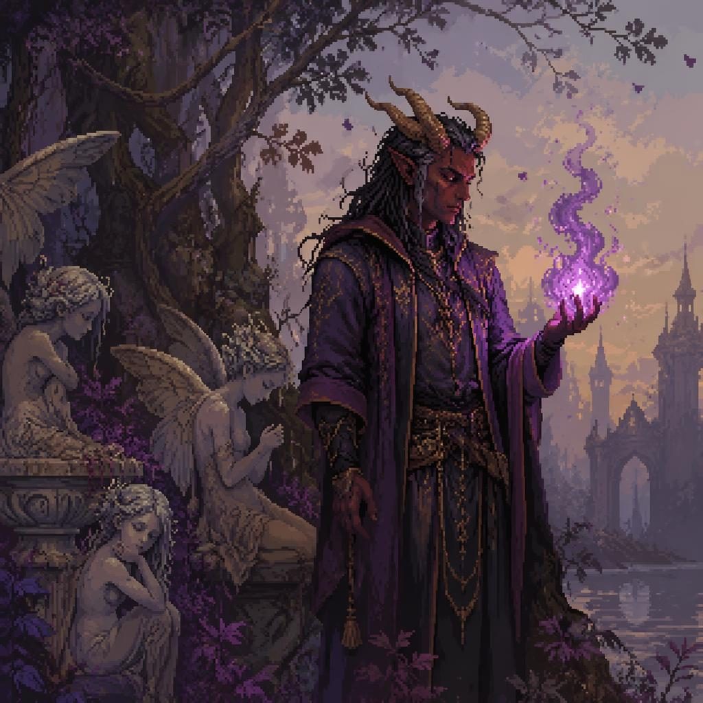 Melancholic pixel art of a tiefling sorcerer with horns and magic glow in atmospheric fantasy lighting