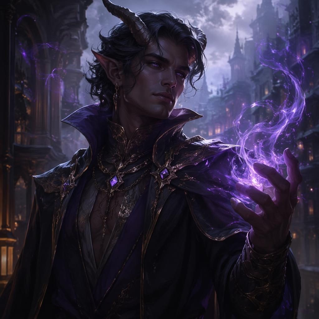 Semi-realistic portrait of a tiefling sorcerer with horns, glowing magic, and atmospheric urban fantasy lighting.