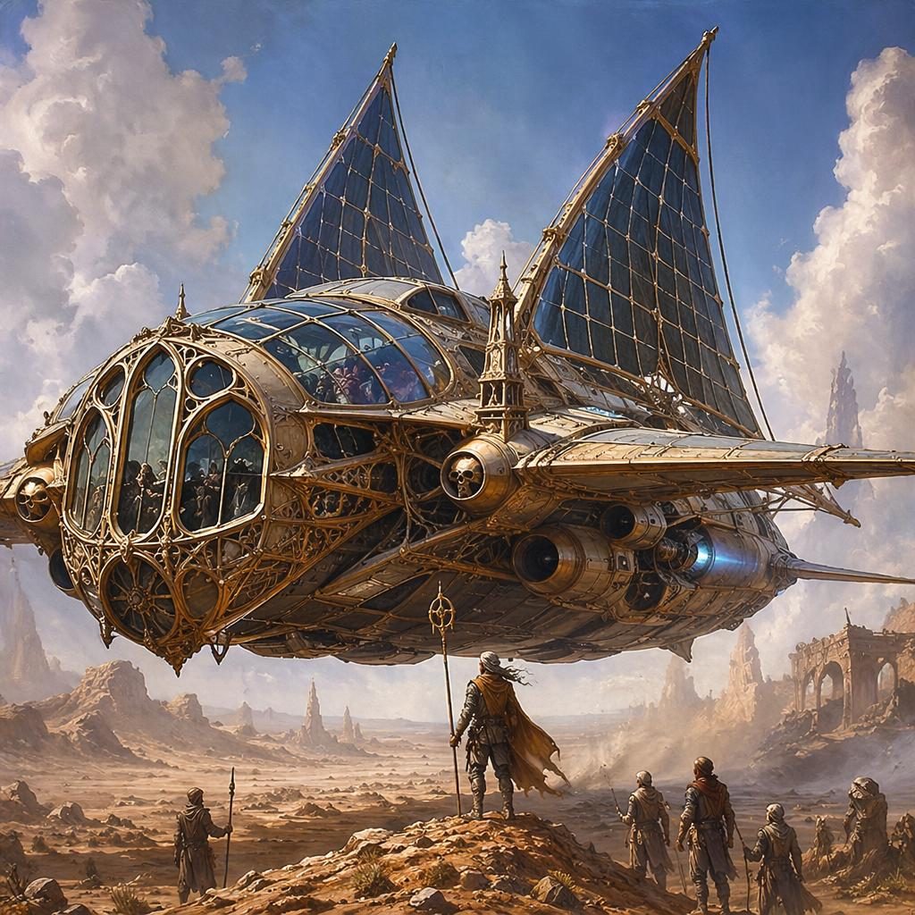 Triumphant wasteland nomad beside a solar punk spaceship in retro 1980s fantasy style, with atmospheric light