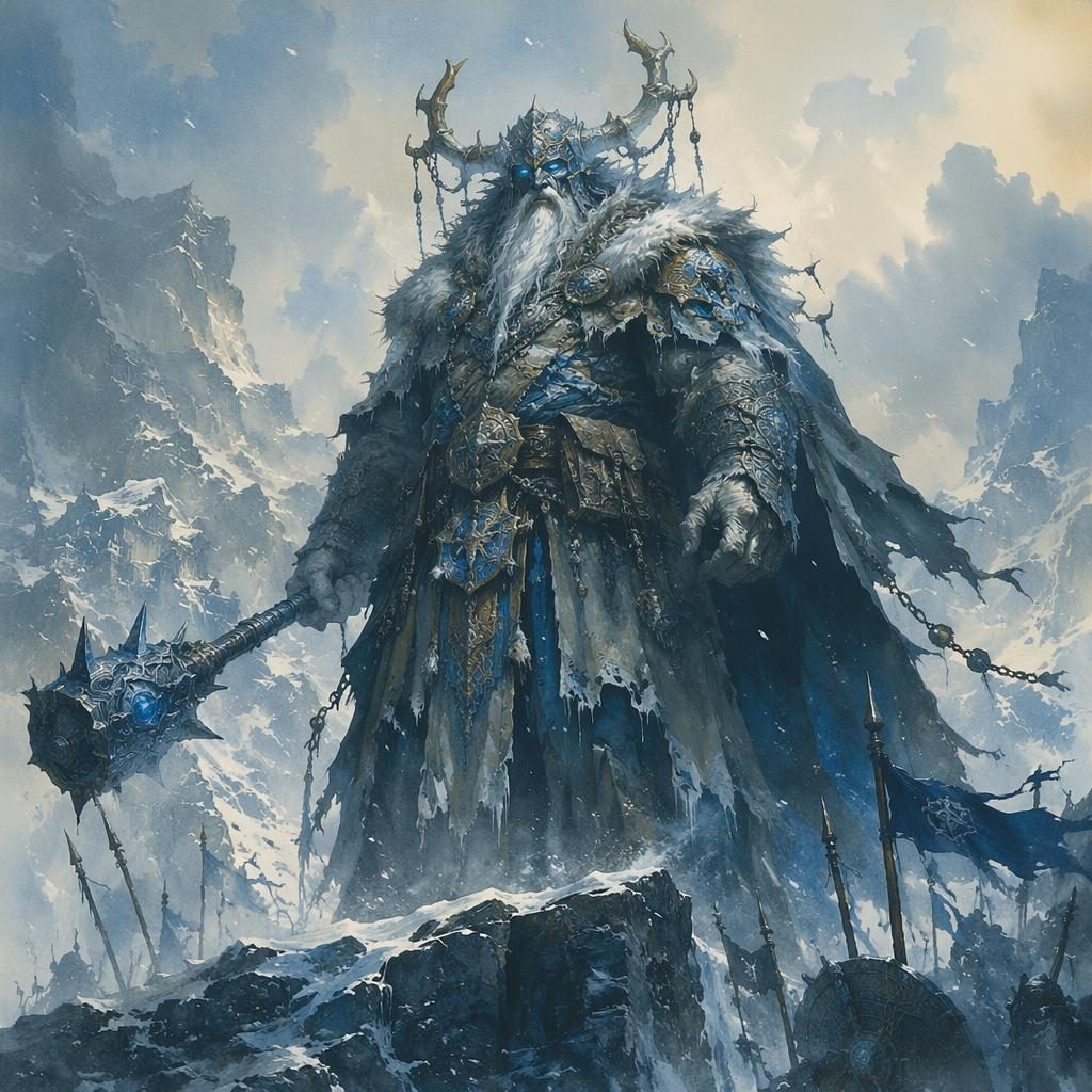 Watercolor fantasy illustration of a frost giant warlord with icy magical relics, atmospheric light, and a painterly cosmic backdrop.