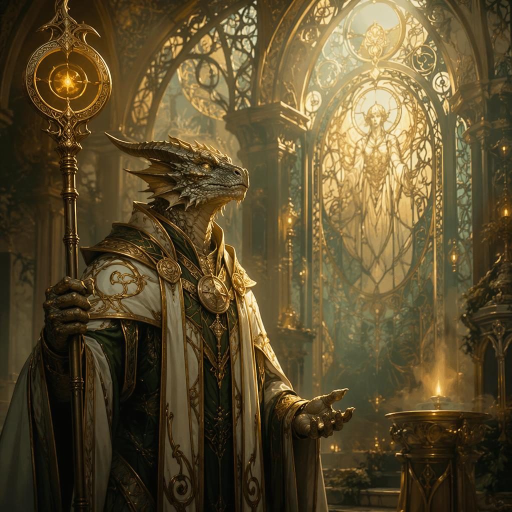Art nouveau fantasy artwork of a mysterious dragonborn cleric beside an ornate cathedral with atmospheric lighting