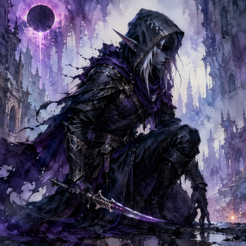 Watercolor fantasy illustration of a dark elf assassin with a glowing magical item in a post-apocalyptic scene
