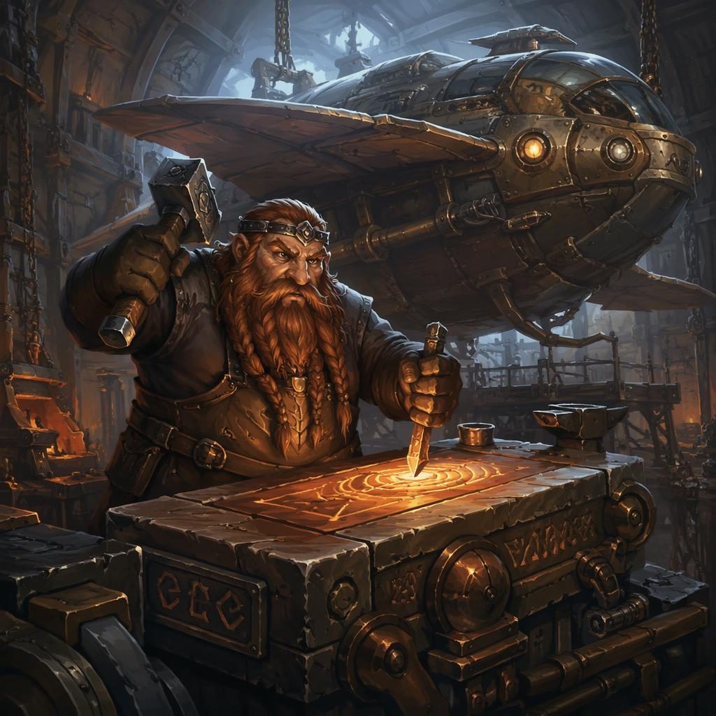 Triumphant dwarf rune smith beside a retro 1980s dieselpunk starship, with glowing runes, atmospheric lighting, and painterly background.