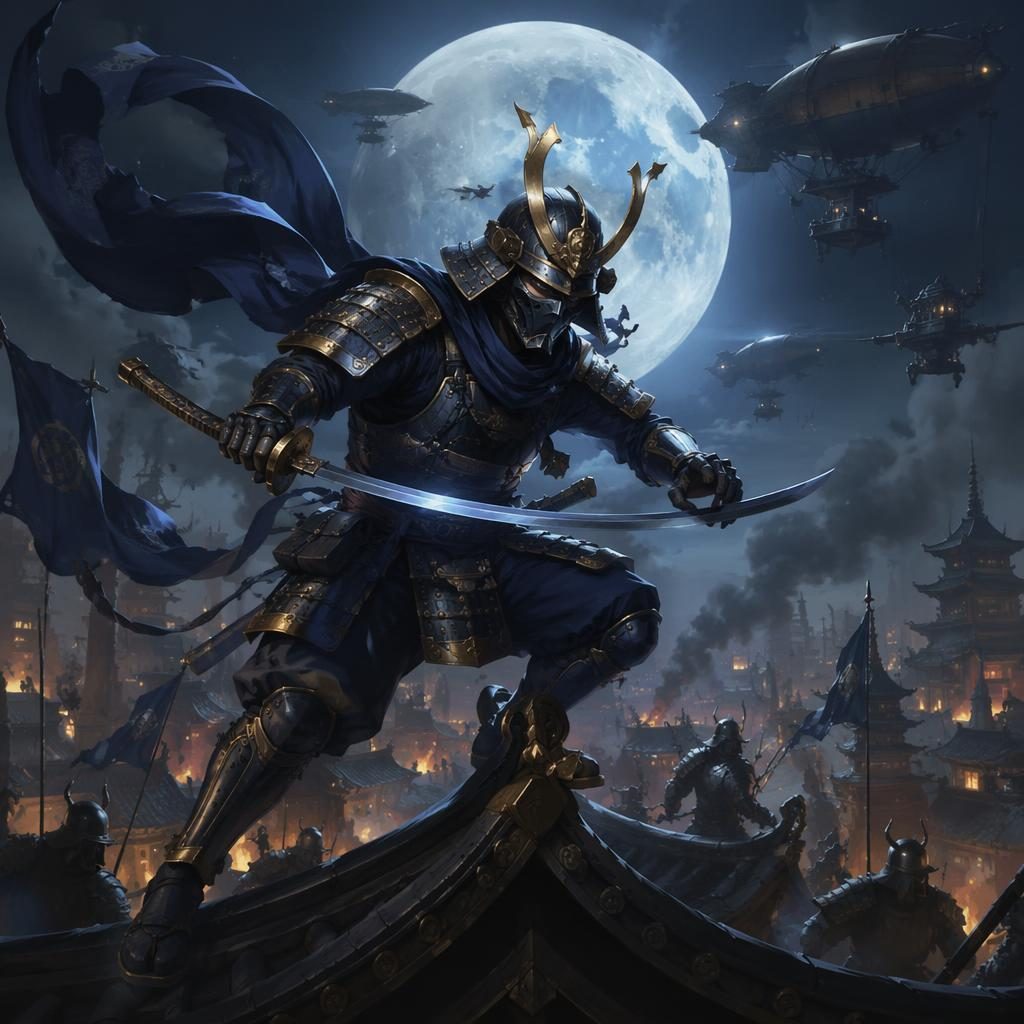 Moonlit samurai in a dieselpunk battle scene, rendered in classical Renaissance style with atmospheric lighting.