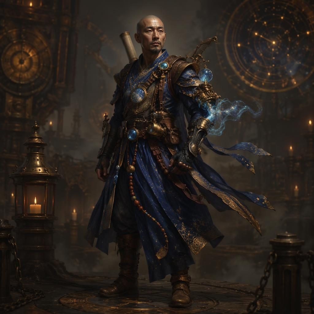 Full-body astral wanderer monk in dieselpunk attire, painted in dark moody oils with warm atmospheric light