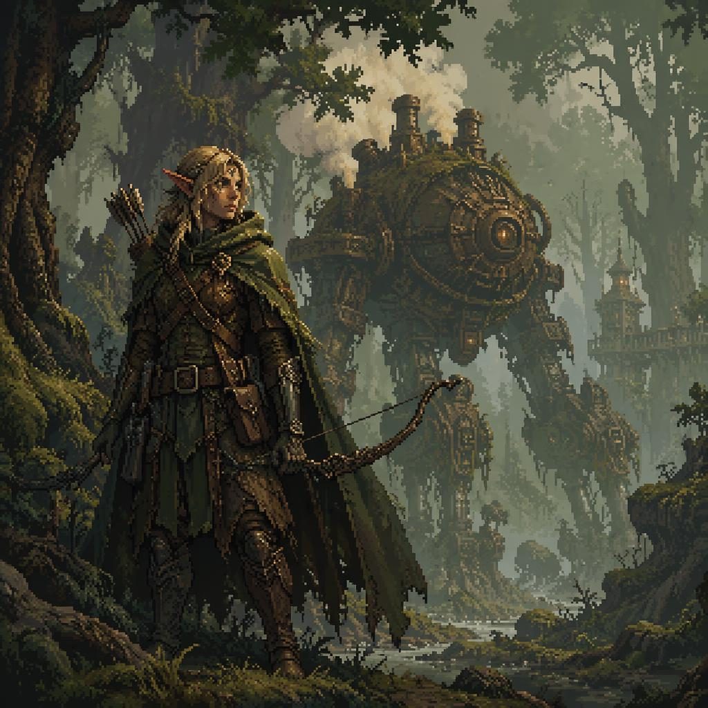 Elfí hraničář v lese ve steampunk pixel art stylu, melancholická atmosféra, výrazné světlo a detailní postava.