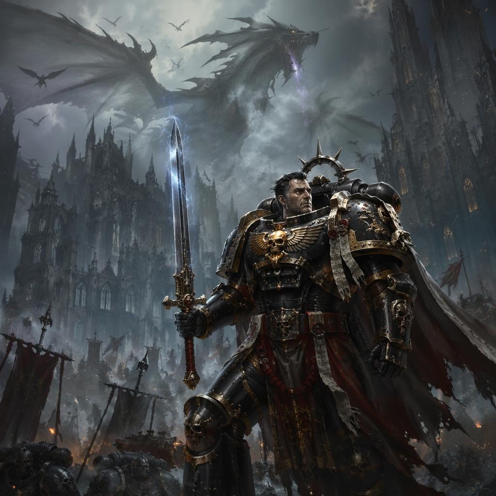Anime-style space marine commander standing in a grim urban fantasy ruin with atmospheric light and painterly sci-fi detail.