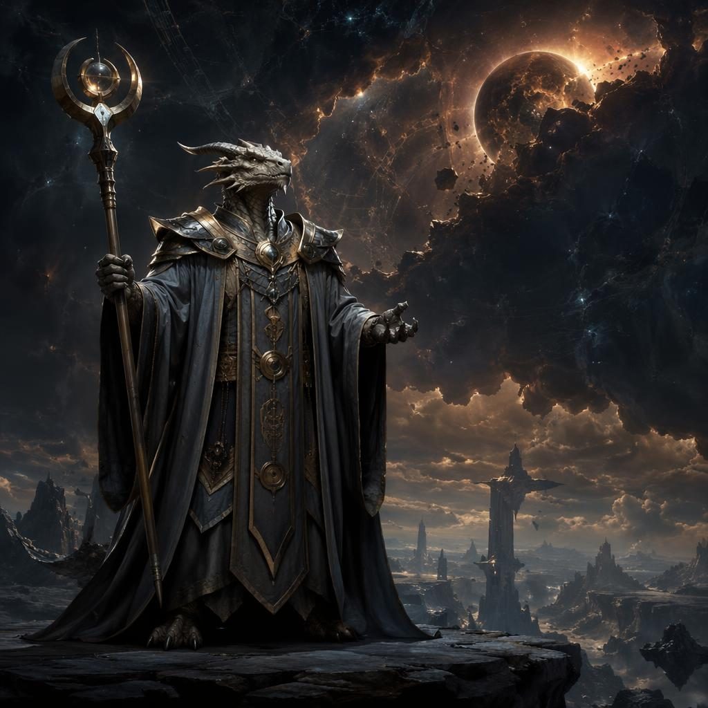 Realistic concept art of a dragonborn cleric standing in a dark cosmic landscape with atmospheric light and a painterly space backdrop.