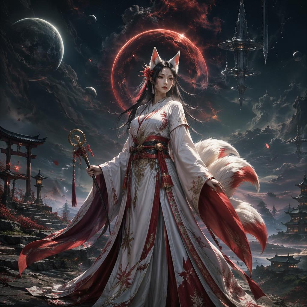 Realistic concept art of a kitsune shrine maiden in kimono standing in a dark sci-fi cosmic landscape