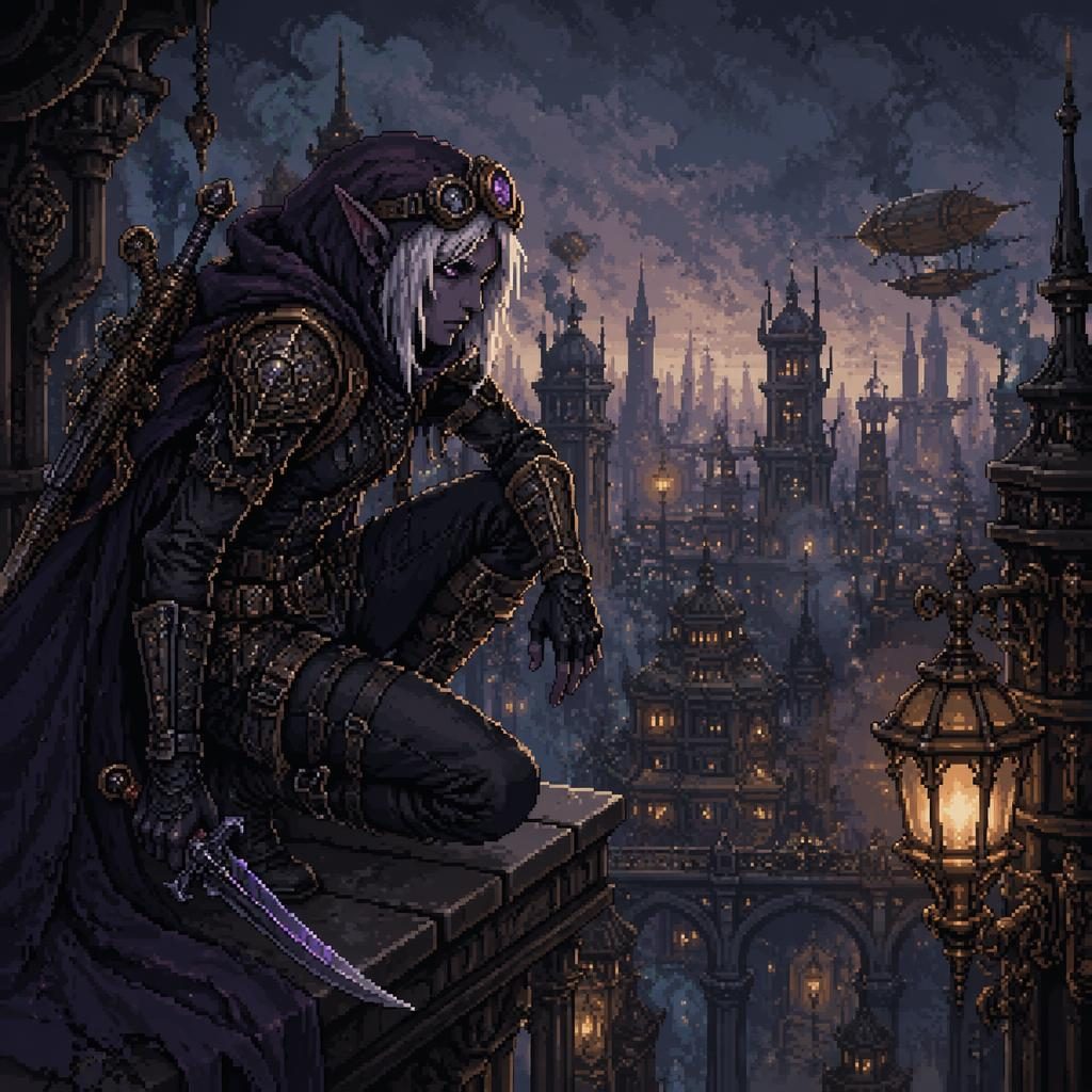 Pixel art dark elf assassin in steampunk gear, standing in atmospheric light with a melancholic fantasy backdrop.