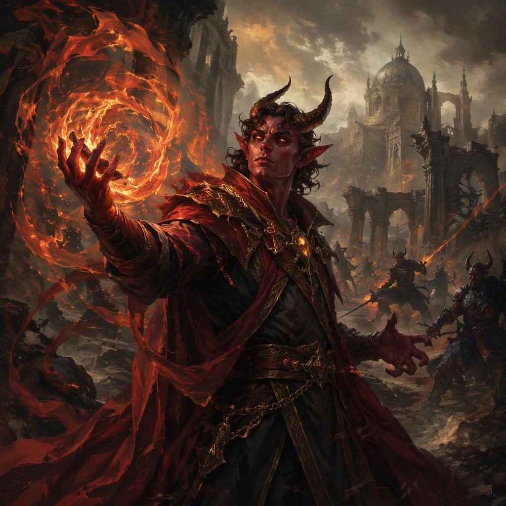 Tiefling sorcerer casting magic in a post-apocalyptic battle scene, painted in a classical Renaissance style