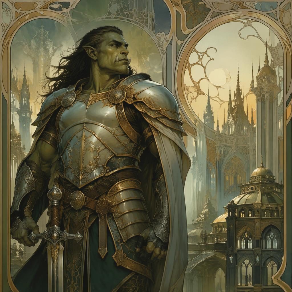 Half-orc paladin before an ornate art nouveau building in a mysterious urban fantasy city, with atmospheric lighting.