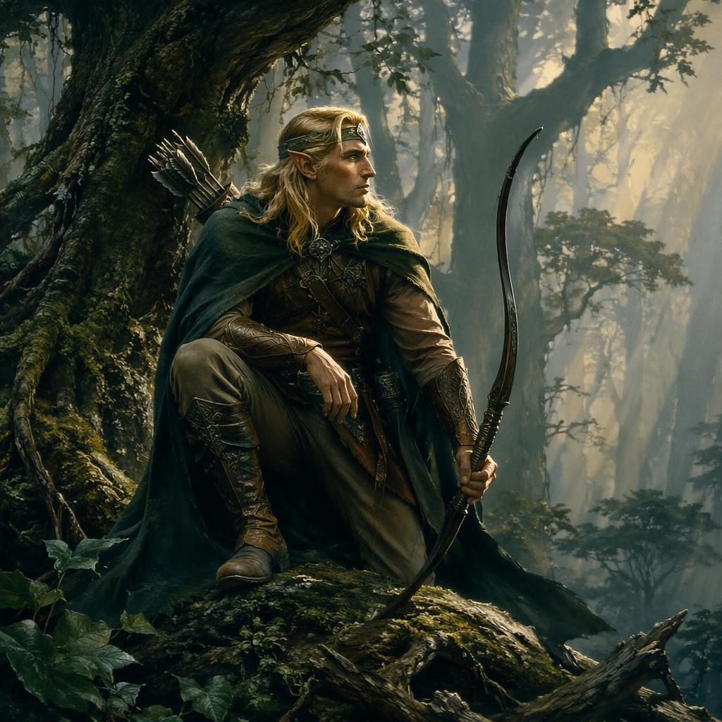 Retro 1980s fantasy-style starship in an elven forest, with atmospheric light, painterly trees, and a triumphant mood.