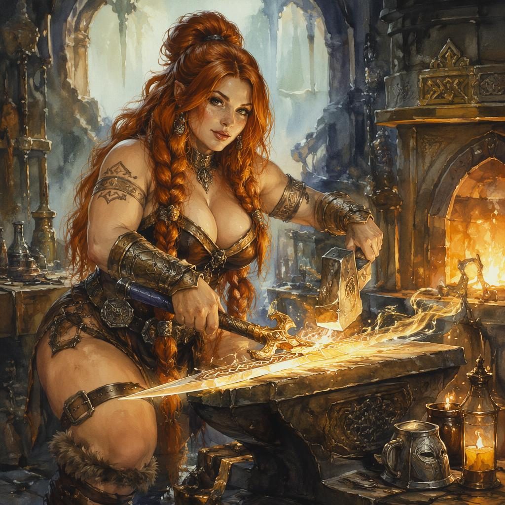 Watercolor fantasy illustration of a dwarf rune smith forging a glowing magical item in a post-apocalyptic workshop.