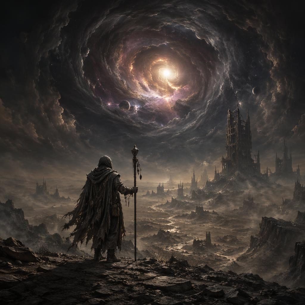 Realistic concept art of a wasteland nomad in a dark post-apocalyptic cosmic landscape with atmospheric lighting