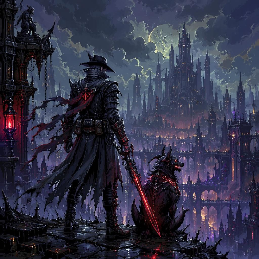 Pixel art cyberpunk demon hunter in a melancholic fantasy landscape with atmospheric lighting and painterly background.