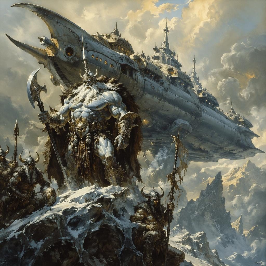 Triumphant frost giant warlord on a massive dieselpunk spaceship, painted in retro 1980s fantasy style with icy atmosphere.
