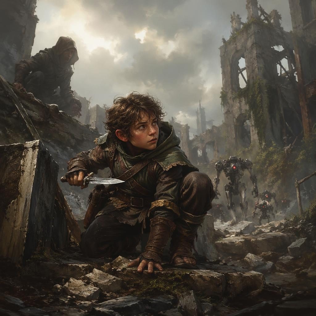 Halfling rogue in a post-apocalyptic battle scene, rendered as classical Renaissance-inspired fantasy concept art