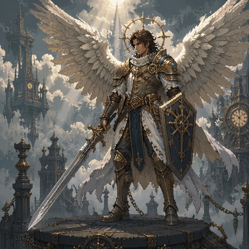 Pixel art of a melancholic celestial archangel warrior in steampunk armor, with atmospheric lighting and a painterly backdrop.