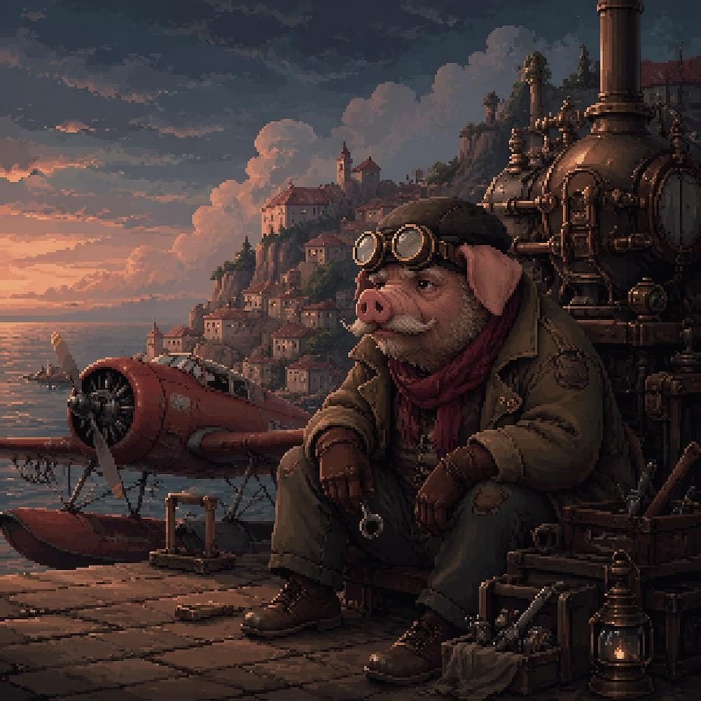 Melancholic pixel art of a steampunk gnome artificer with tools and brass gearwork in atmospheric studio lighting