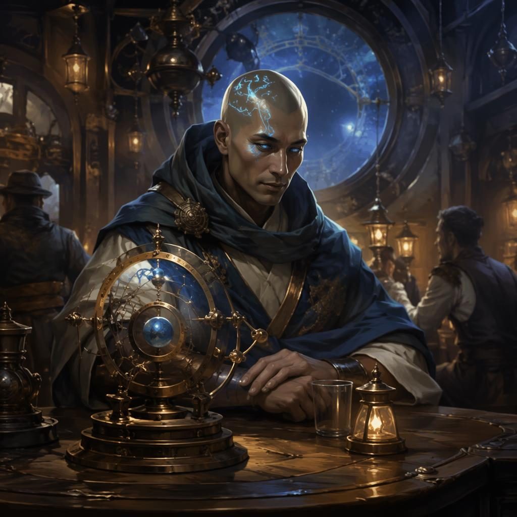 Painterly digital concept art of an astral wanderer monk in a steampunk tavern interior with atmospheric light