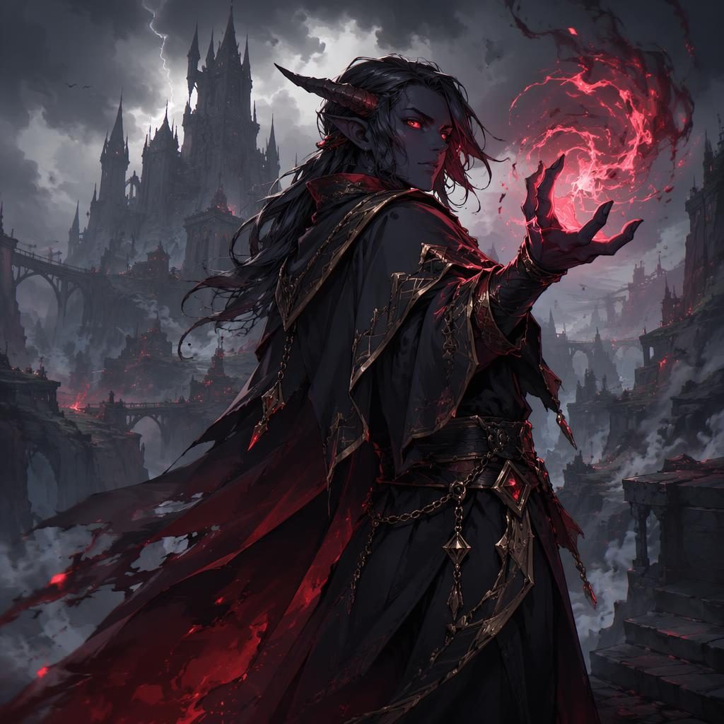Anime-style urban fantasy scene with a tiefling sorcerer in a grim city alley, glowing magic, atmospheric lighting