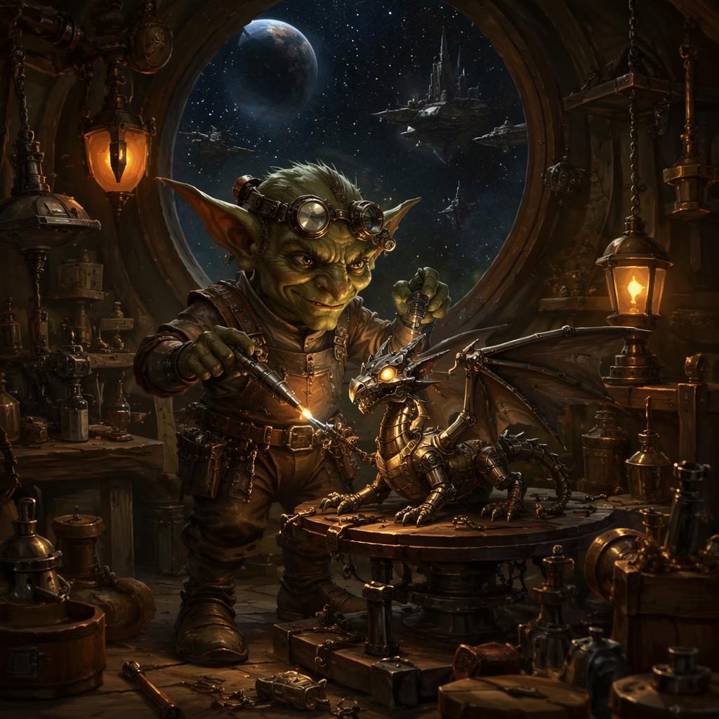 Full-body goblin tinker in sci-fi space opera attire, painted in a dark moody oil style with warm cozy lighting