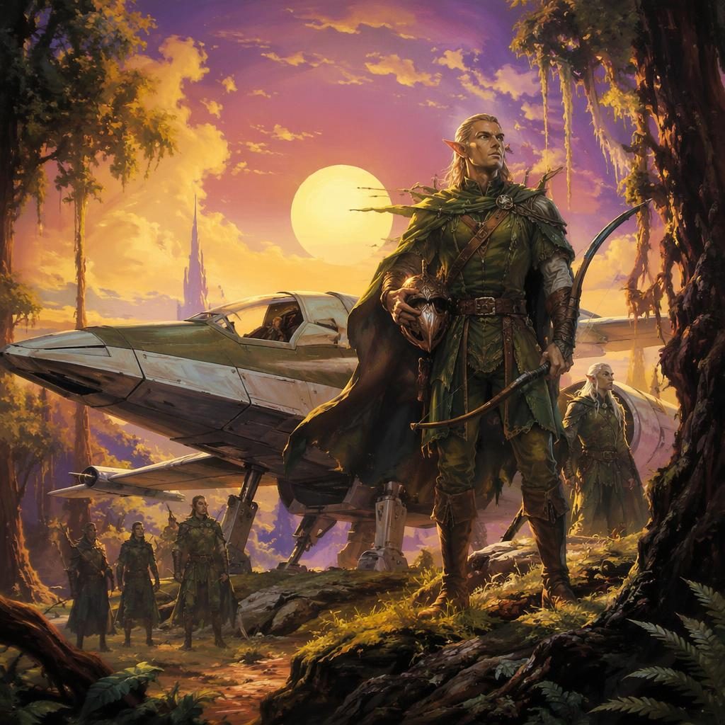 Triumphant retro 1980s fantasy starship in an elven forest, painted with atmospheric light and sharp focal detail.
