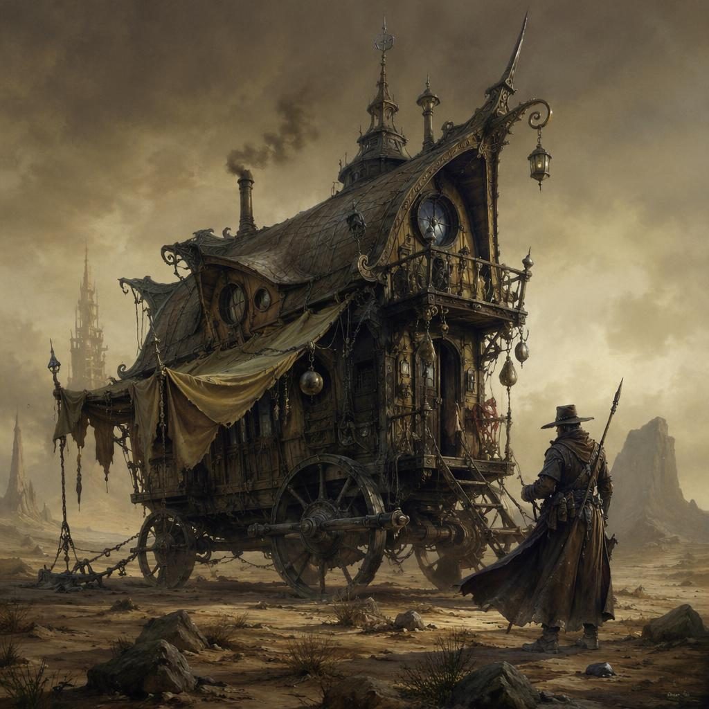 Art nouveau fantasy building in a mysterious wasteland with nomad-inspired design, atmospheric light, and painterly detail.