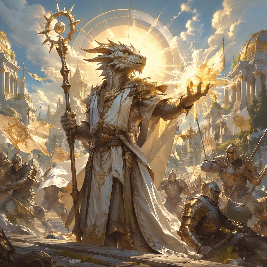 Dragonborn cleric in solar punk armor fighting in a renaissance-style battle scene with atmospheric light and painterly backdrop.