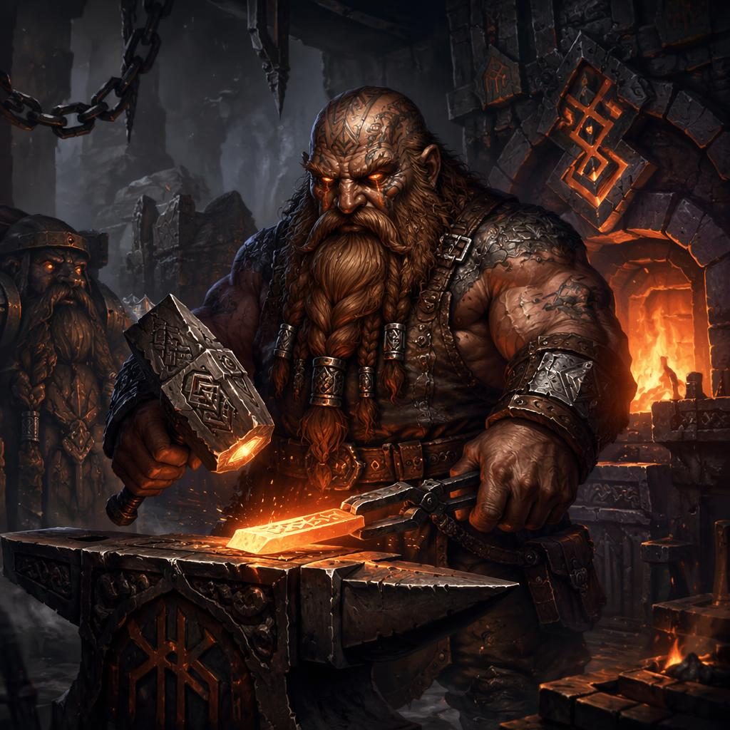 Anime-style fantasy dwarf rune smith in a grim forge, atmospheric lighting, sharp focus, painterly environment