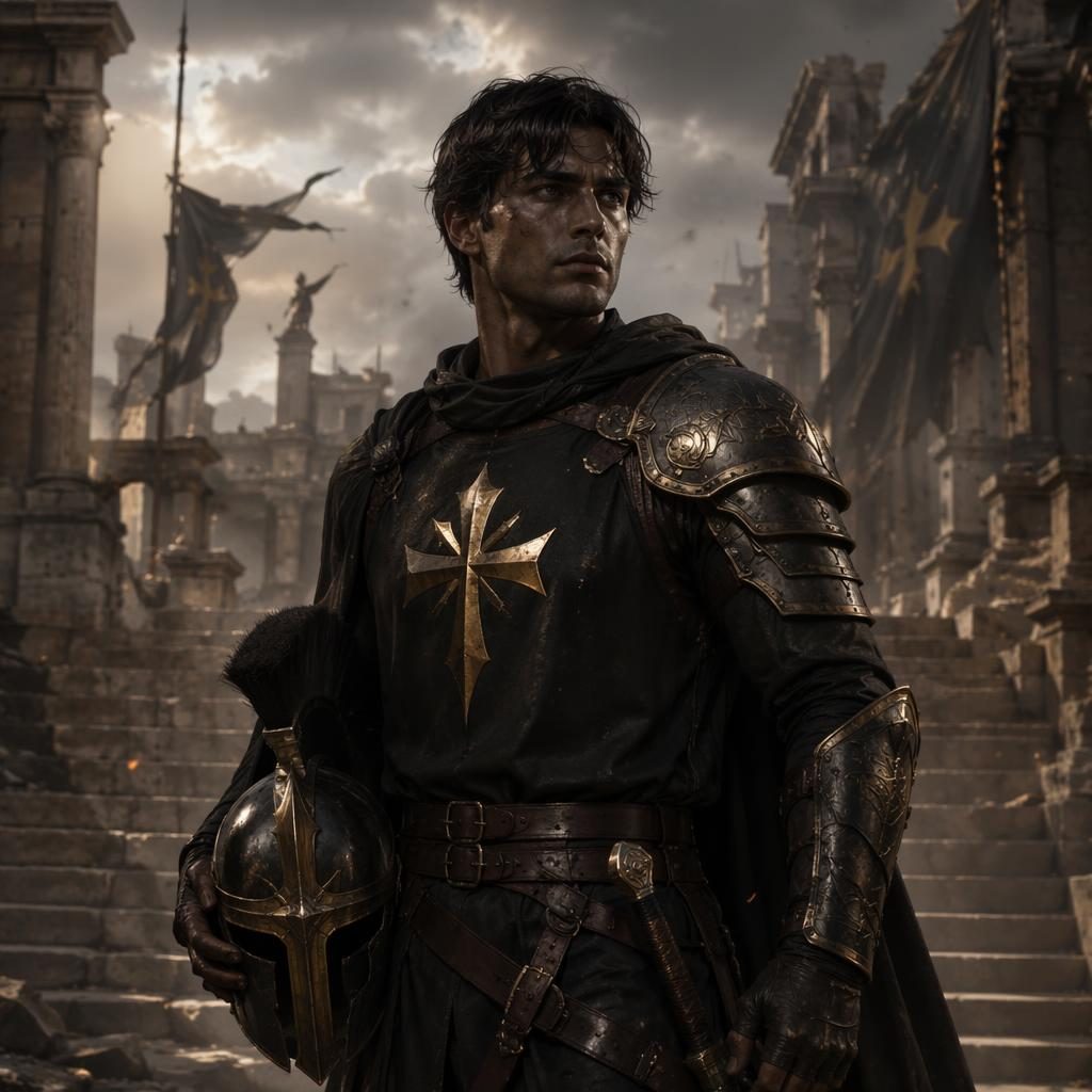 Semi-realistic portrait of a human knight templar in ornate armor, glowing in mystical atmospheric light with a painterly background.