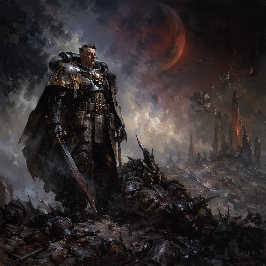 Realistic concept art of a space marine commander in a dark post-apocalyptic cosmic landscape with atmospheric lighting