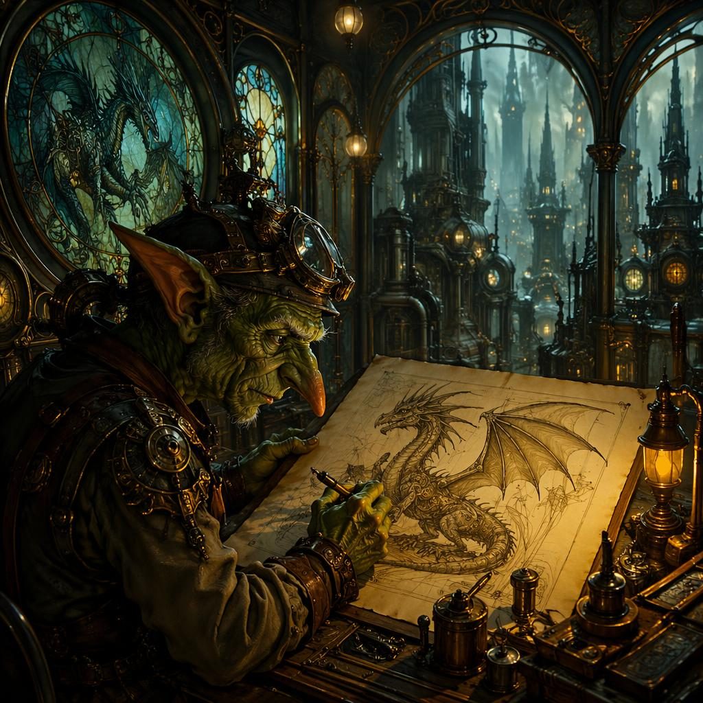 Mysterious cyberpunk art nouveau building with a goblin tinker workshop, glowing details, and atmospheric lighting