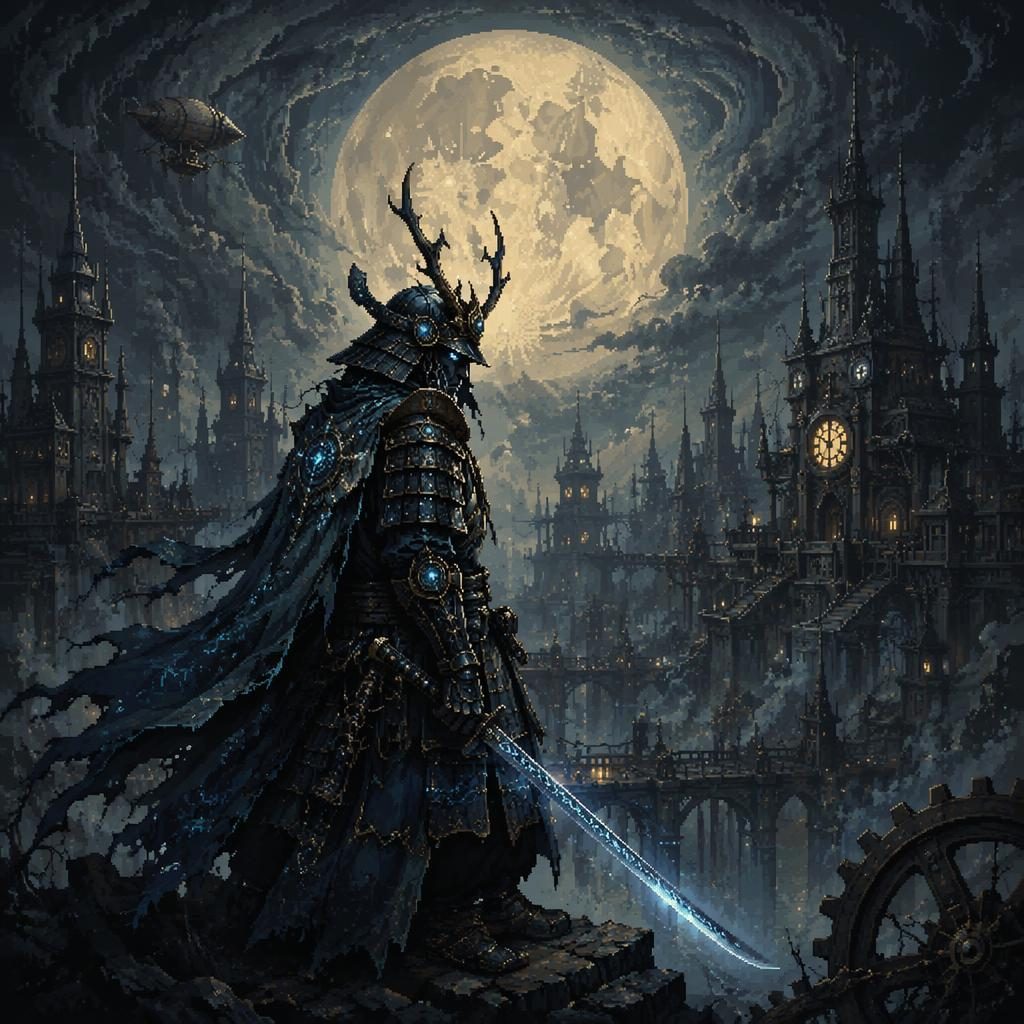 Pixel art moonlight samurai in steampunk armor, melancholic atmosphere, glowing blade, painterly dark background