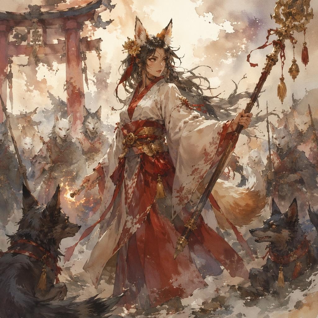 Kitsune shrine maiden in a kimono battles at a shrine, with atmospheric light and a painterly renaissance background.