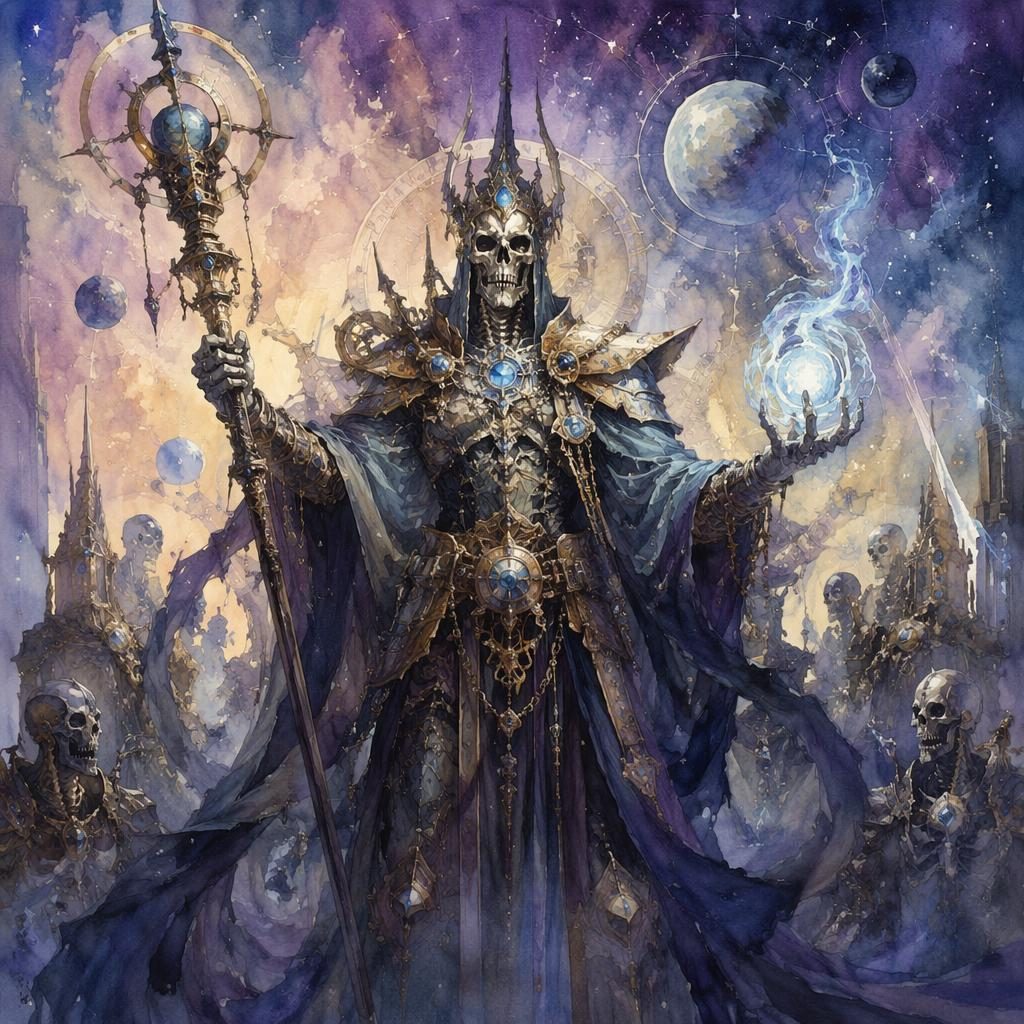 Watercolor fantasy illustration of an undead lich king with a glowing magical relic in a sci-fi space opera setting