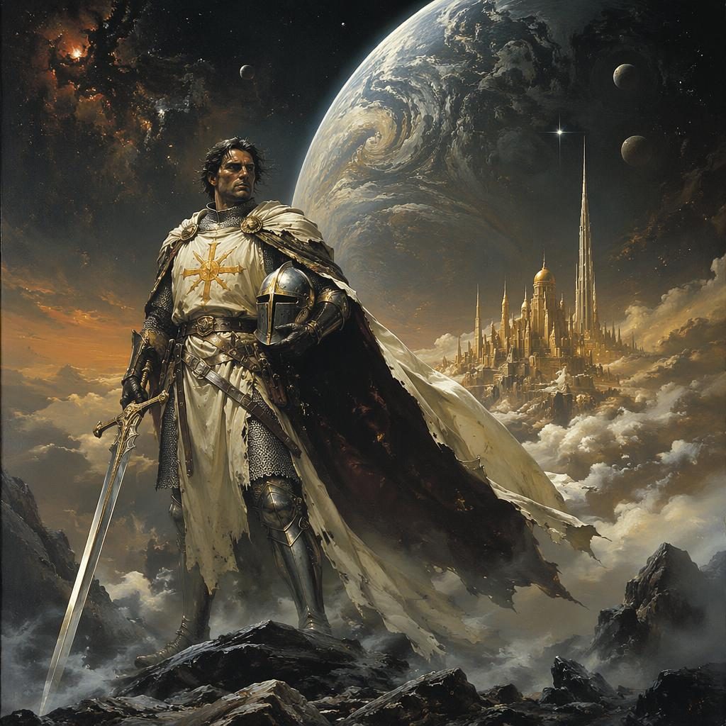 Human knight templar standing in a dark solarpunk cosmic landscape, realistic concept art with atmospheric lighting