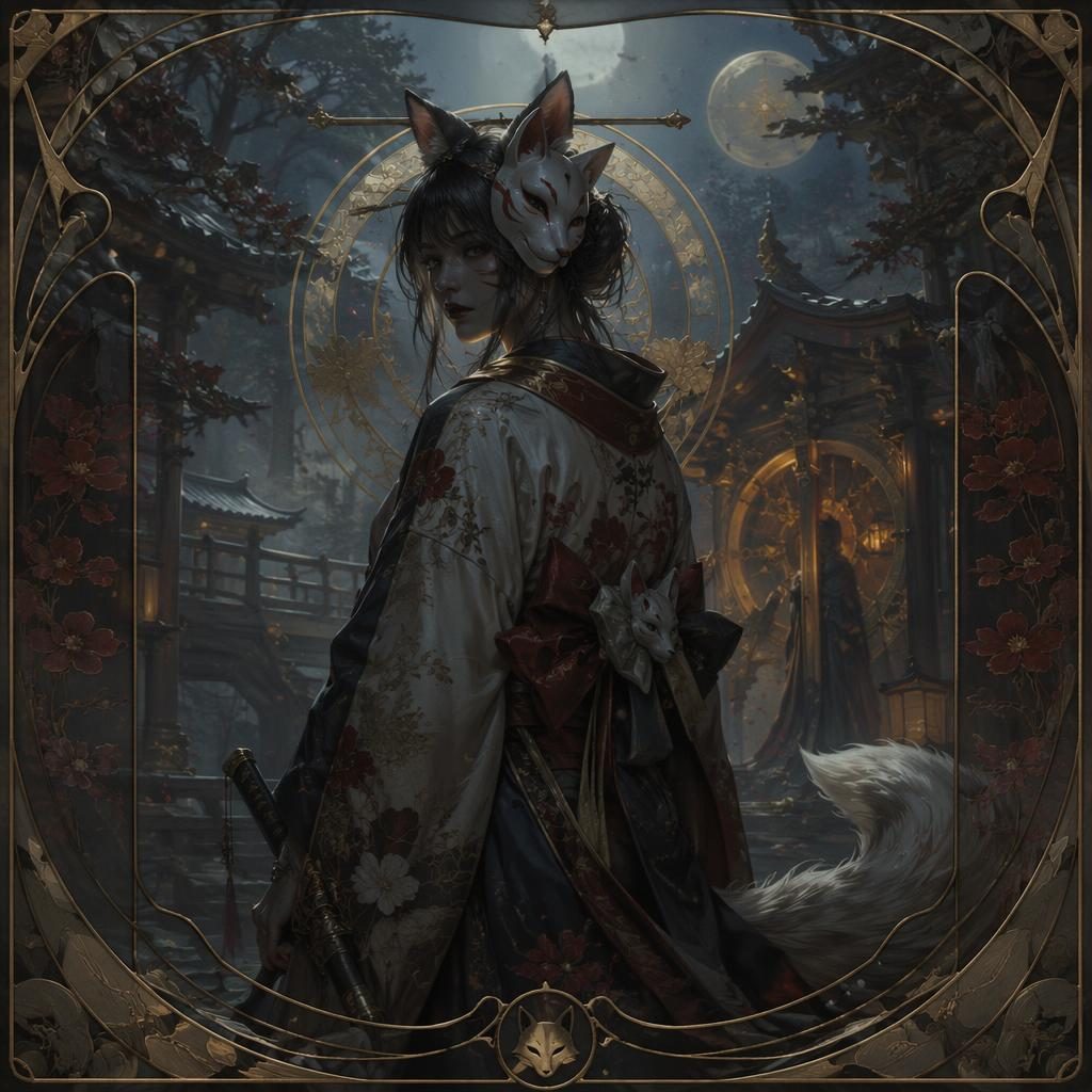 Art nouveau urban fantasy shrine building with a kitsune kimono shrine maiden, mysterious lighting, and painterly city backdrop.